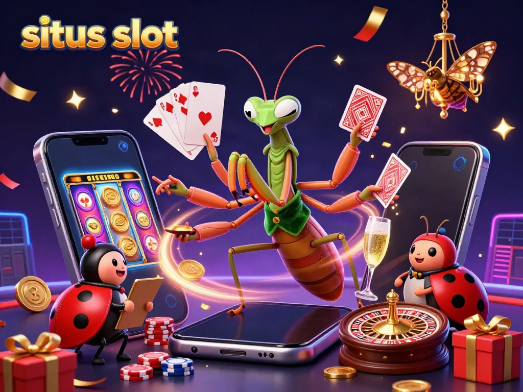 Engage with situs slot through thrilling 3D visuals of a mantis card sharp and ladybug pit boss in a vibrant casino scene.