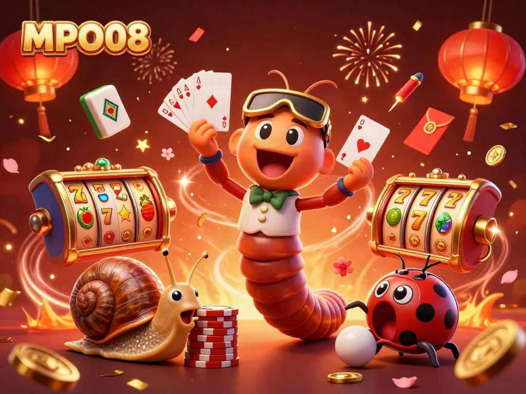 Engage with MPO08's exciting slot experience featuring a lively 3D casino scene.