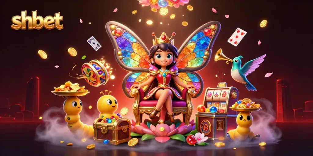 Engage with shbet's vibrant casino experience through a colorful butterfly queen illustration.