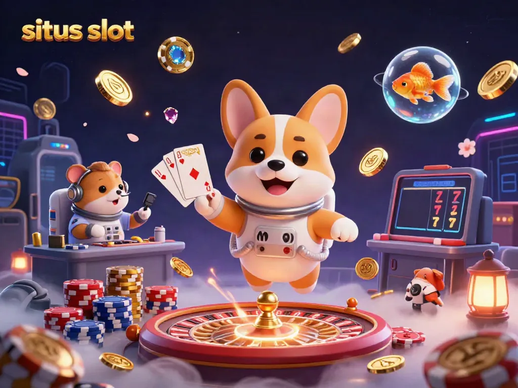 Engage with situs slot in an ultra-detailed 3D casino space scene, featuring an astronaut corgi, charming characters, and rich gaming elements.