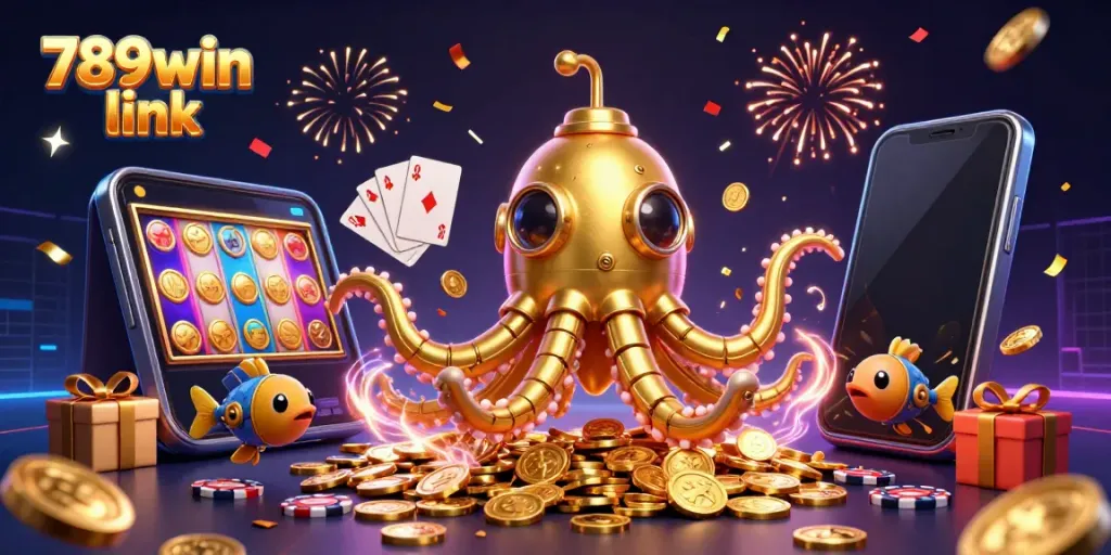 Experience exciting gameplay with 789win link in a vibrant 3D casino scene featuring a golden kraken and exciting games.