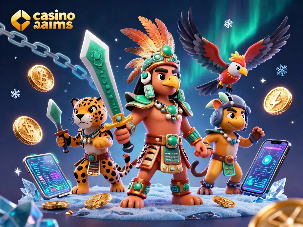 I giocatori esplorano il mondo dei casino non AAMS con un guerriero azteco mentre si circondano di gettoni Bitcoin e Ethereum.