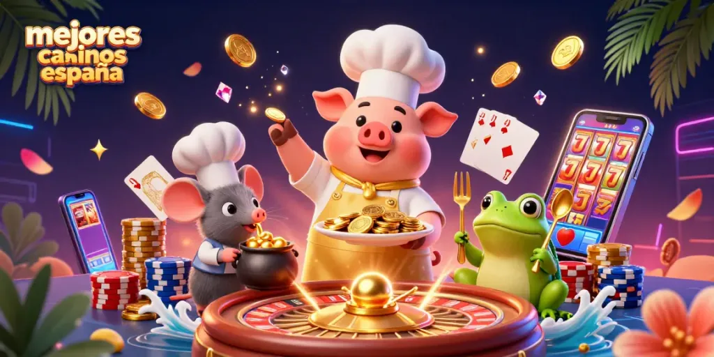 Ilustración 3D mostrando los mejores casinos online en España con un chef cerdo sirviendo monedas de oro.