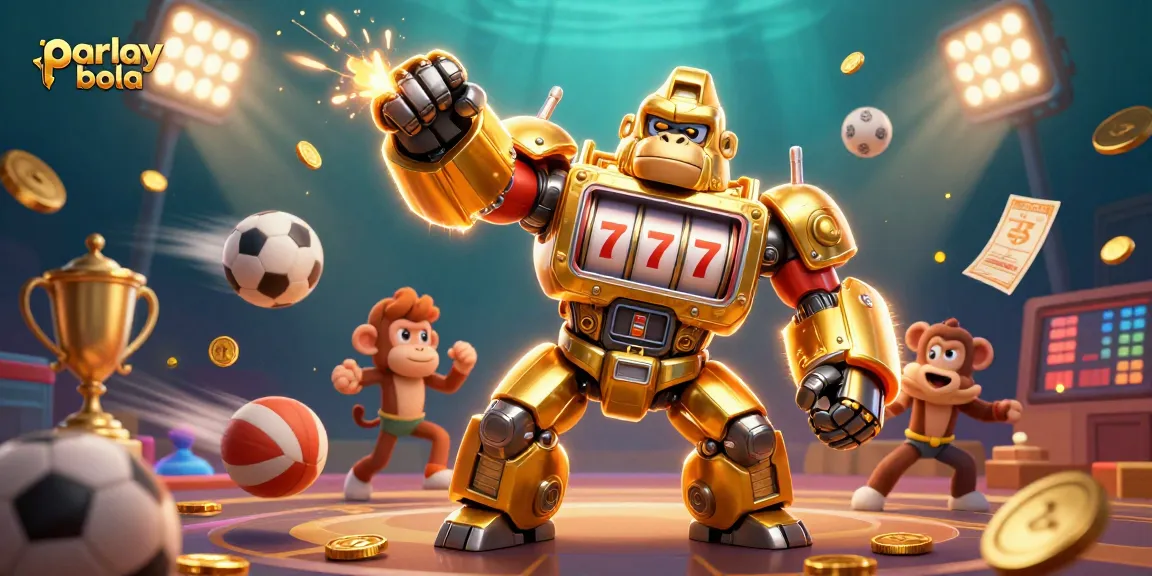 Engage in parlay bola betting strategies with an energetic scene of a golden mech and dynamic sports elements.
