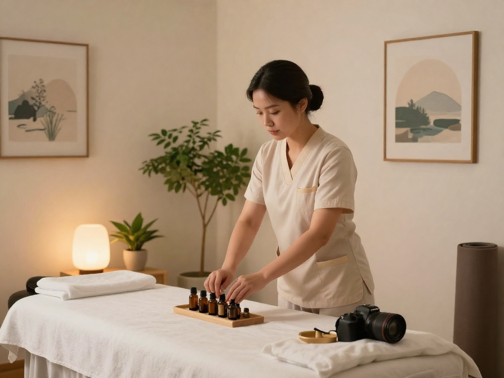 Experience 용산출장마사지 with a professional therapist in a calming wellness setting featuring soothing elements.