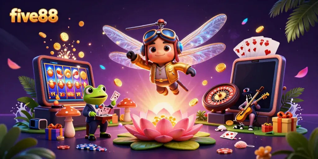 Experience the thrill of five88 with a vibrant illustration of a casino scene featuring unique characters.