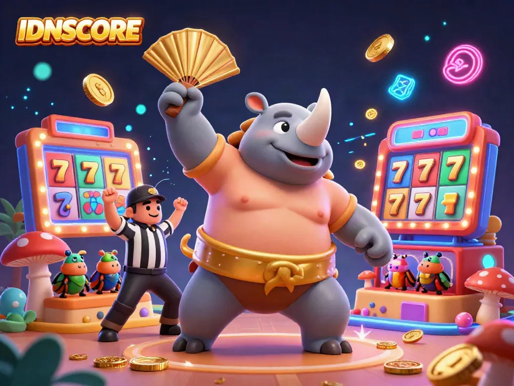 IDNSCORE gaming scene featuring a beetle champion and casino elements in a colorful illustration.