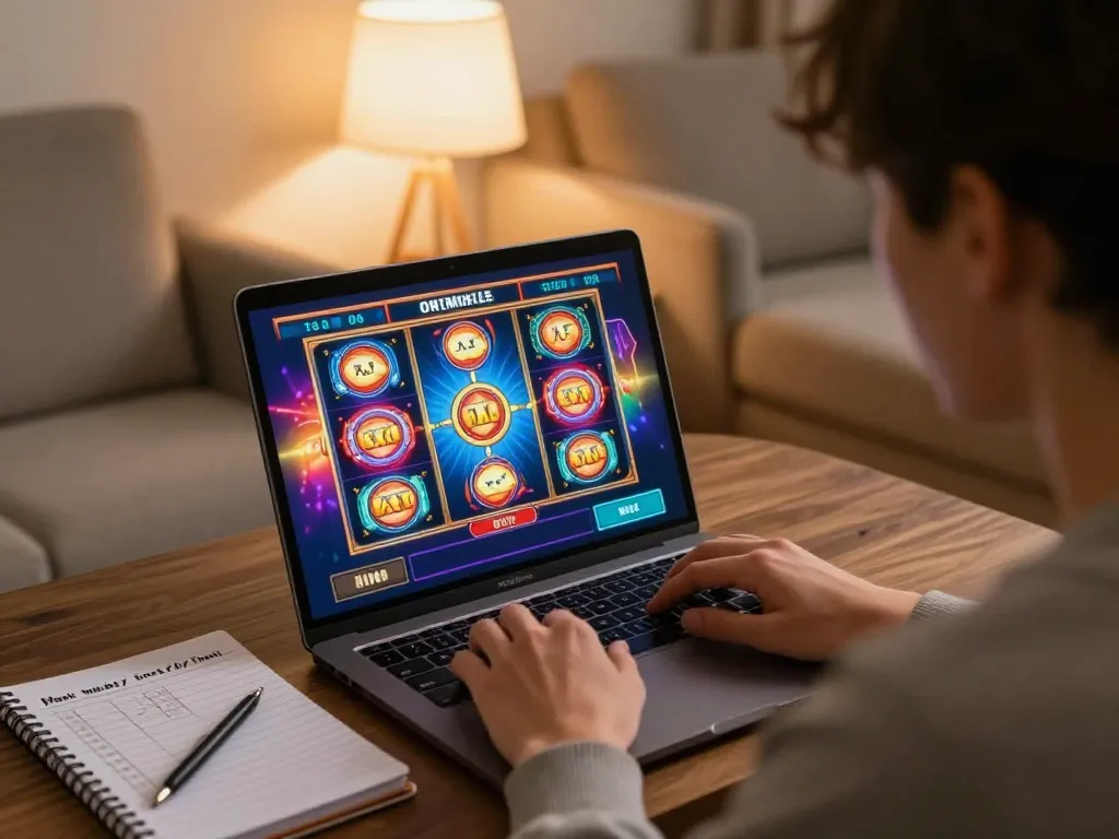 Người chơi 12bet thưởng thức một trò chơi slot trực tuyến trên laptop trong không gian nhà ấm cúng.
