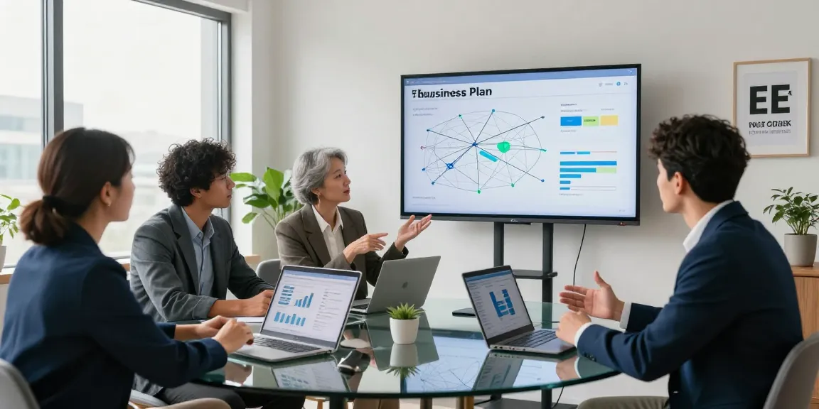 Team discussing EE vs Three business plans in a professional office setting with comparative charts.