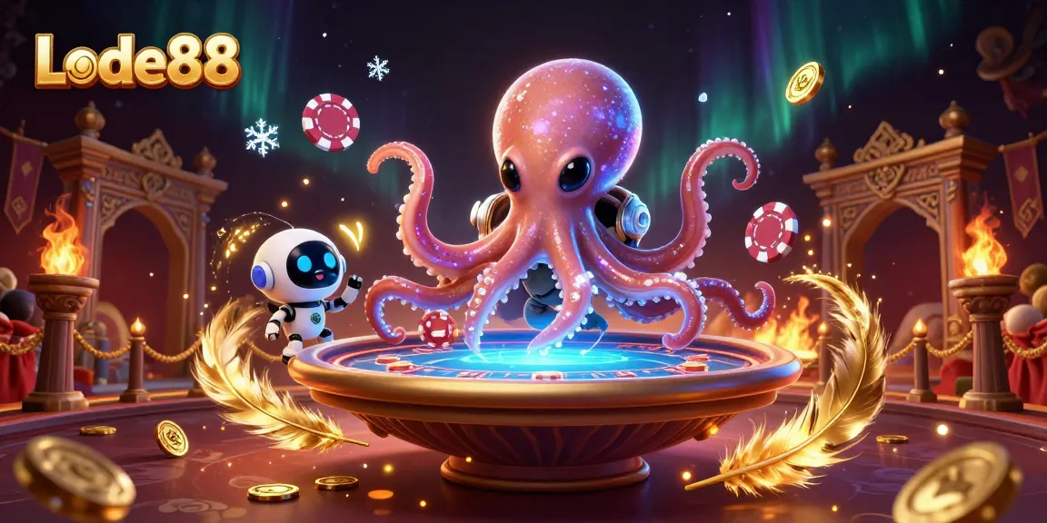 Lode88's alien octopus engages at a holographic poker table amidst vibrant casino-themed elements.