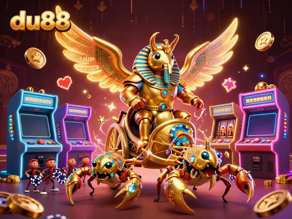 Experience thrilling gaming at du88 with a dynamic chariot scene featuring a golden scarab, jewel-encrusted scorpions, and vibrant arcade elements.