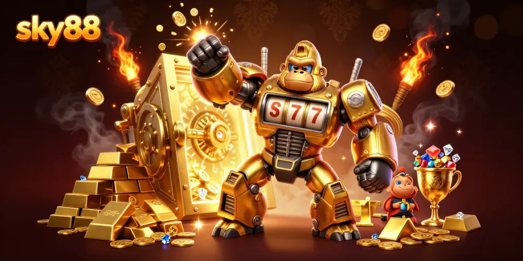 Create your winning strategies with sky88 casino, featuring an explosive golden gorilla mech and dazzling treasures.