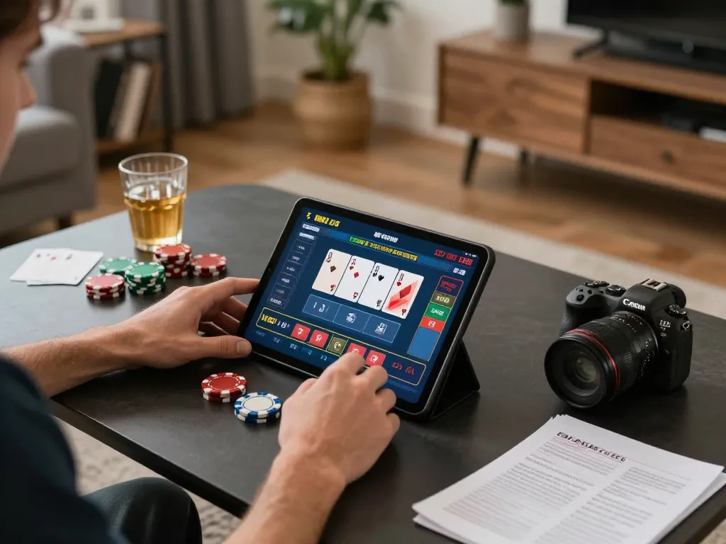Engaging in live dealer poker on a tablet at home, highlighting hidobasketgoztepe gaming experiences.