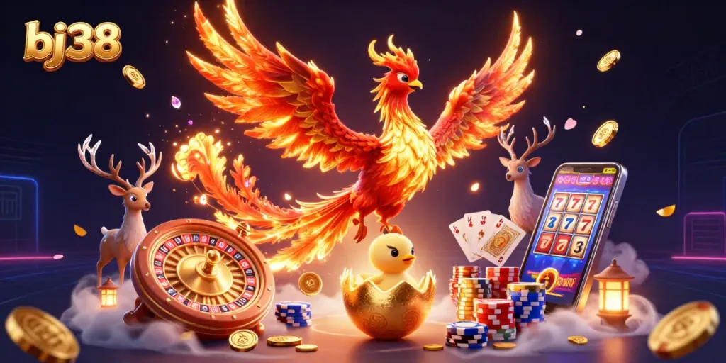 Experience bj38's vibrant casino scene with a phoenix and treasures flying amid dynamic gaming elements.