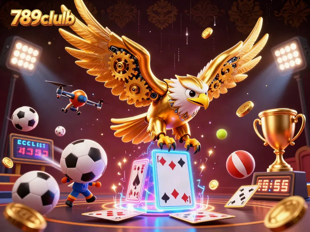 Experience thrilling gameplay with 789clubb's vibrant 3D casino illustration featuring an eagle and dynamic sports elements.