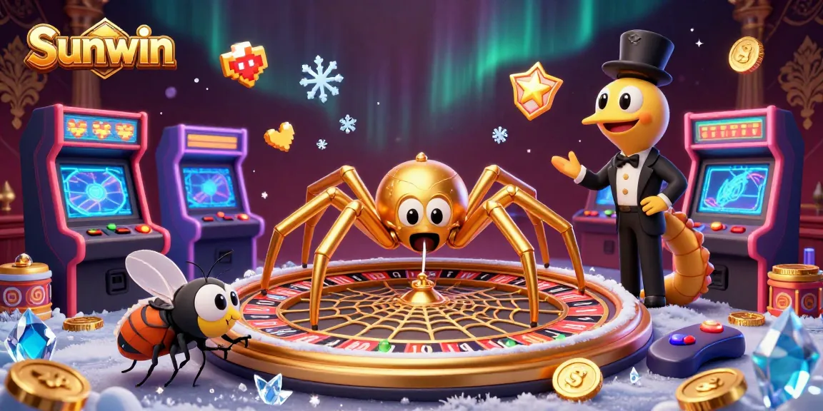 Engage with Sunwin's thrilling gaming scene featuring a golden spider roulette web and animated characters.