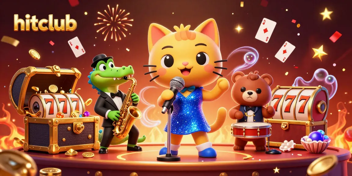 Hitclub's vibrant 3D casino scene features exciting characters amidst gold coins and glittering slot reels.