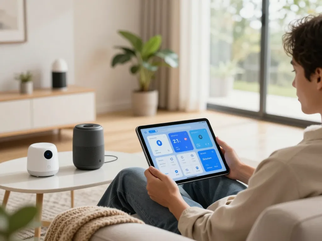 Tech gadgets for home showcased in a stylish living room with smart controls and cozy decor.