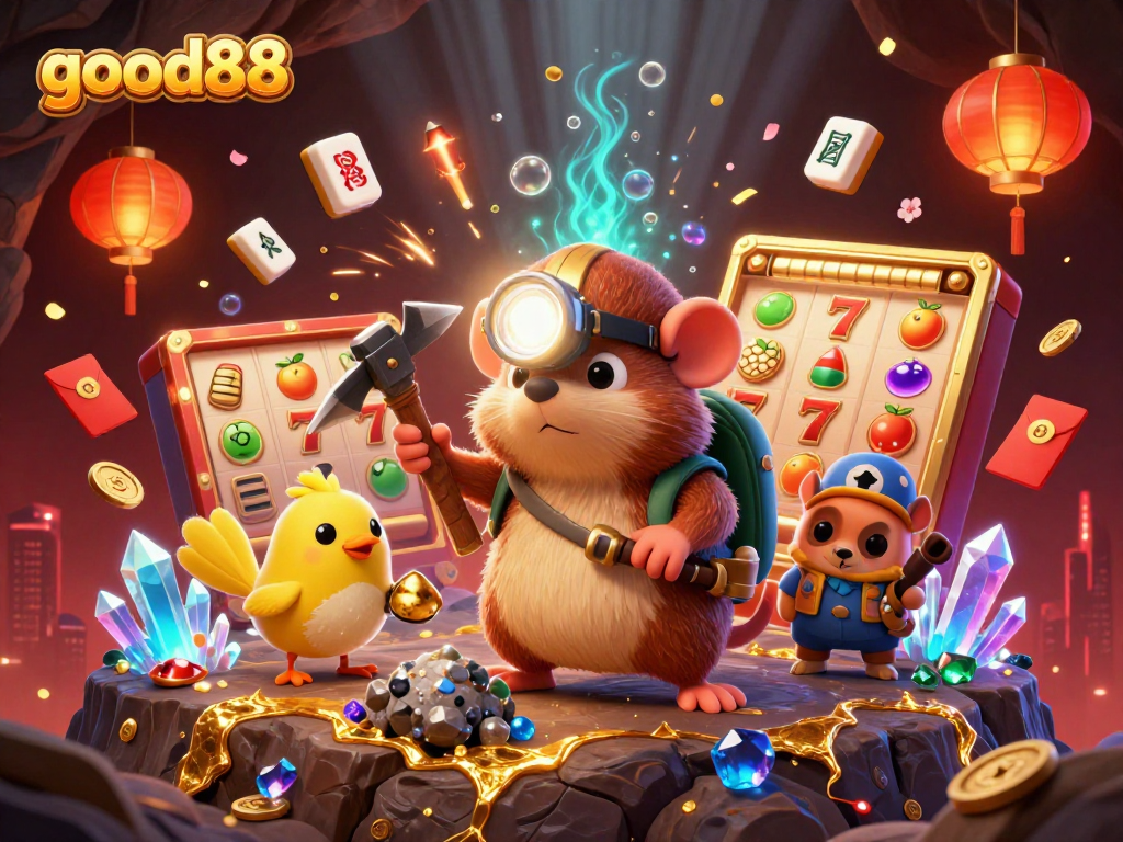 Play slots and win with good88 in this rich visual of a treasure hunt in a cave.