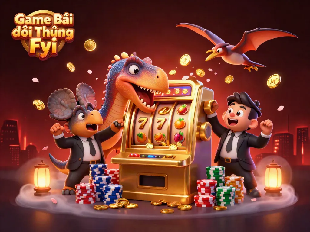 Experience exhilaration with Game Bài Đổi Thưởng Fyi as roaring dinosaurs celebrate jackpot wins in a thrilling casino scene.
