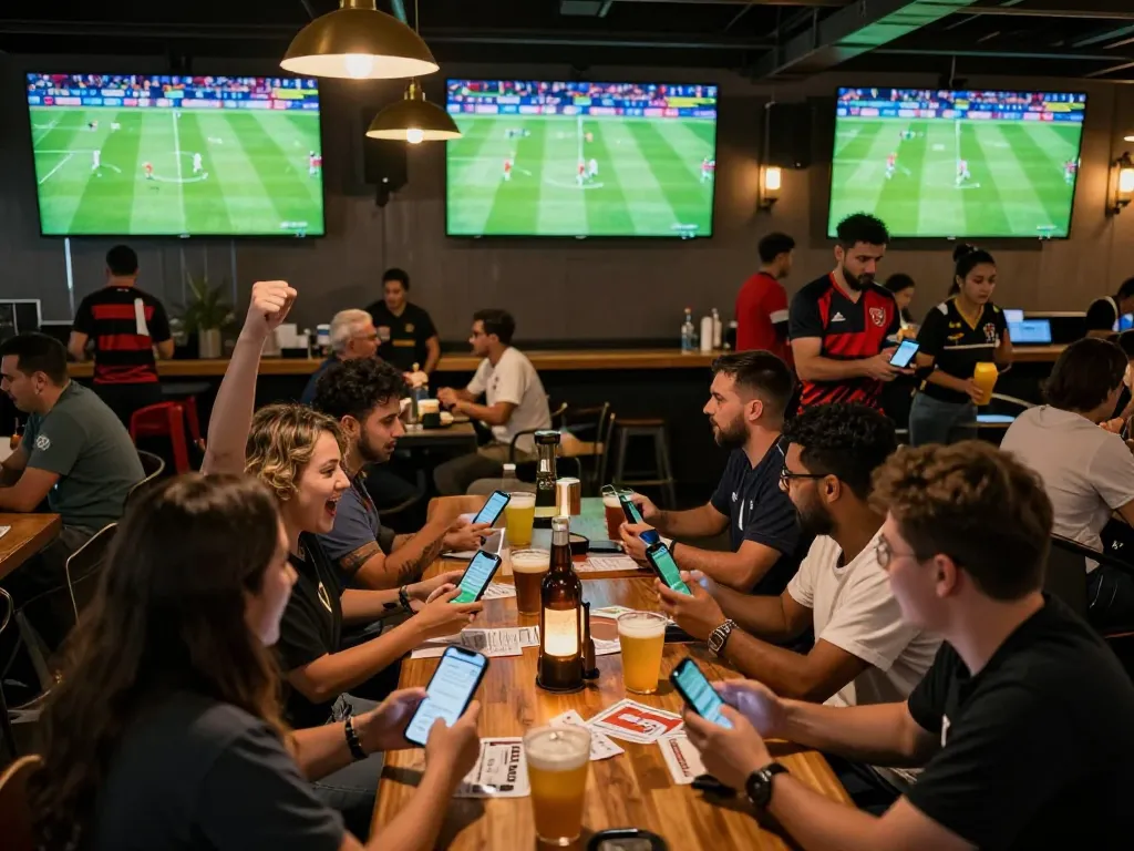 Excited sports fans engaging in keo nha cai betting during a live soccer match at a lively sports bar.