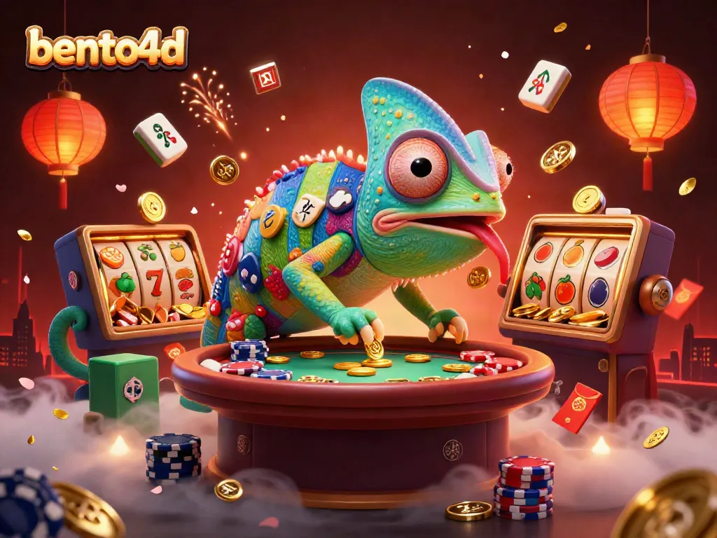 Bento4d's vibrant casino scene showcases a chameleon owner amidst dynamic slot reels, golden coins, and festive confetti.