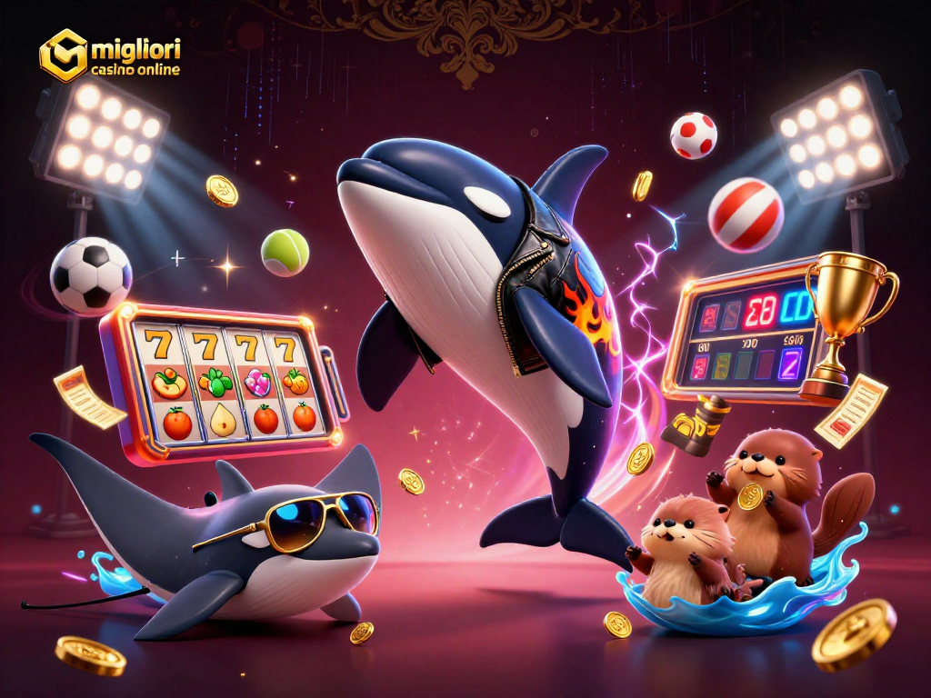 I migliori casino online presentano un'illustrazione 3D di un'orca, una razza e lontre con monete d'oro.