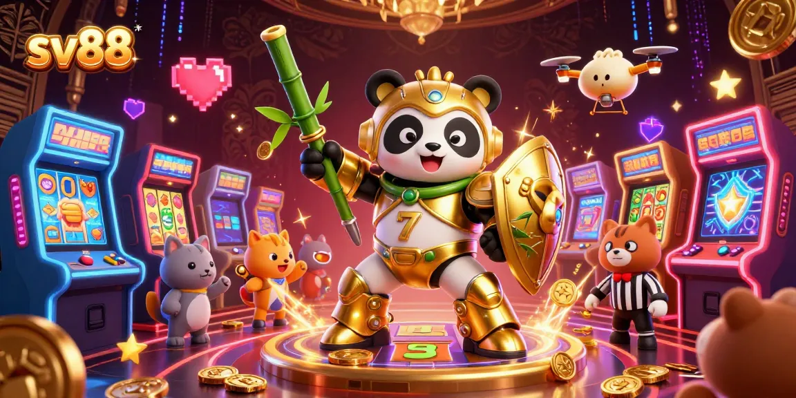 Join the excitement at sv88 with a vibrant casino scene showcasing a mech-suit panda and gaming elements.