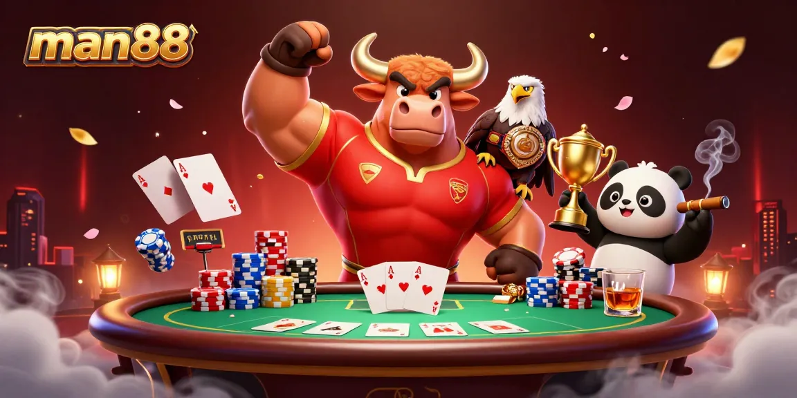 Engage with man88 fantastic poker scene featuring a bull, eagle, and panda celebrating.