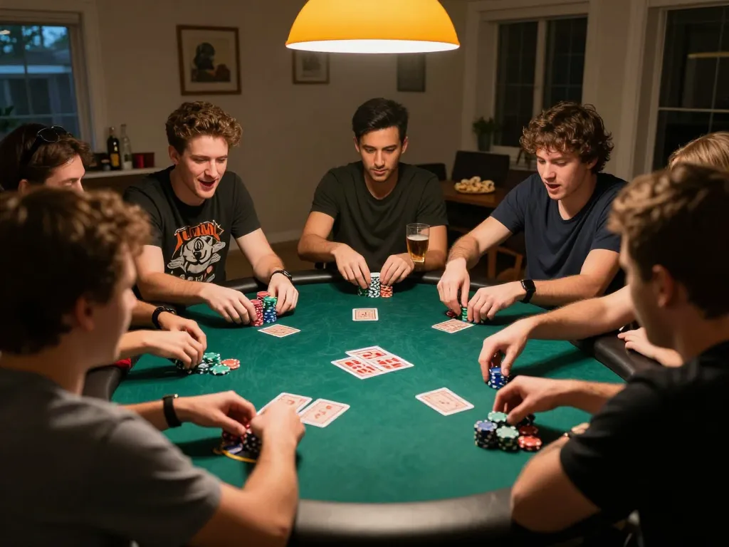 Engaged players enjoying poker at home, showcasing tg 88 gaming environment with excitement and snacks