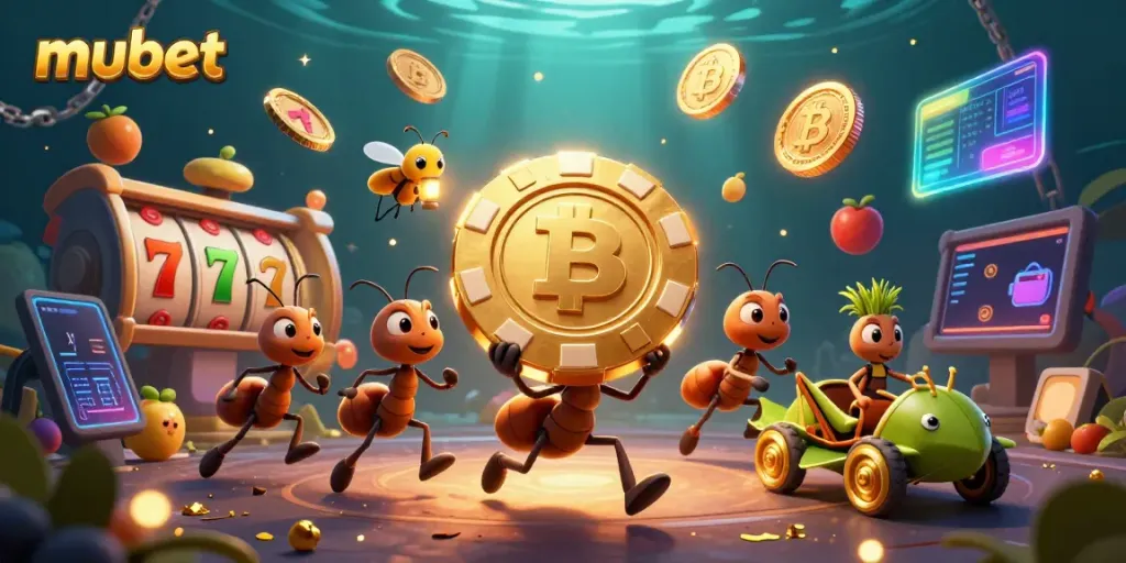 Experience the excitement of mubet with a thrilling heist scene featuring cartoon ants and casino elements.