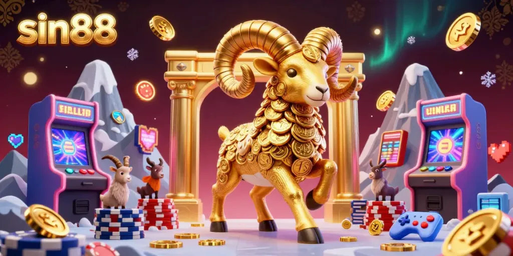 Experience the thrill of sin88 casino with a golden ram charging past vibrant arcade elements.