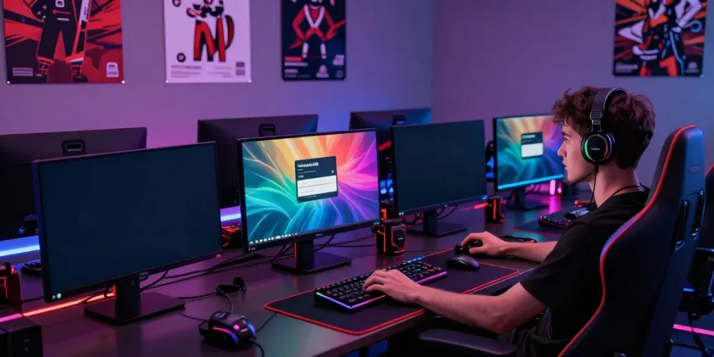 Gambar login rokok88 dengan gamer serius di ruangan gaming yang nyaman.