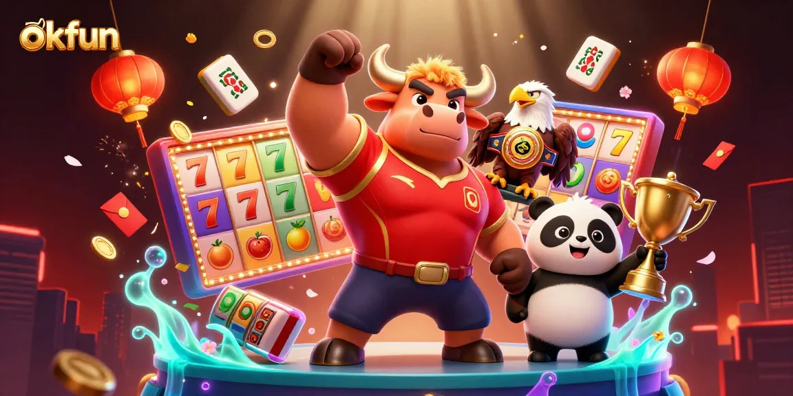 Experience the excitement of okfun with a vibrant casino-themed illustration featuring a mascot, eagle, and panda.
