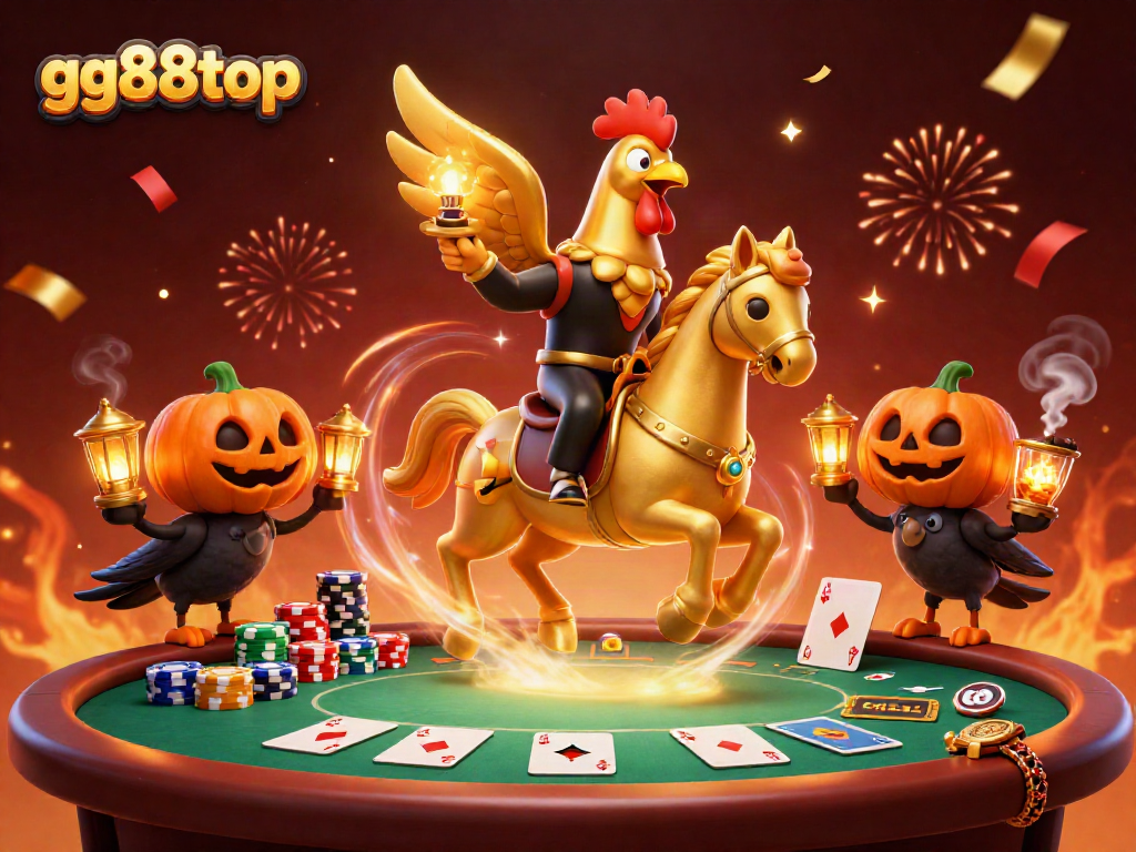 Bet on gg88top as golden rooster rides through a vibrant casino scene filled with poker elements.