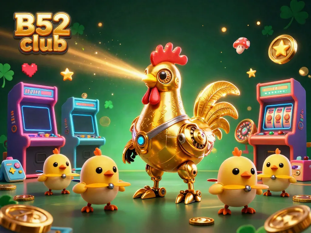 Win big at B52 club with a vibrant 3D casino scene featuring golden astronaut chickens and interactive games.