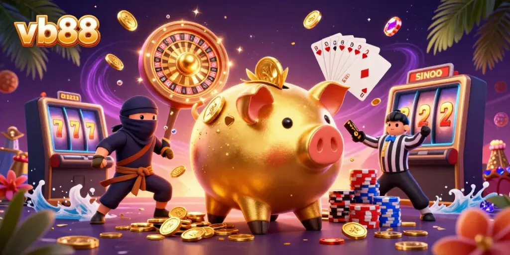 Experience the excitement of vb88 with golden coins and vibrant characters in this dynamic casino scene.