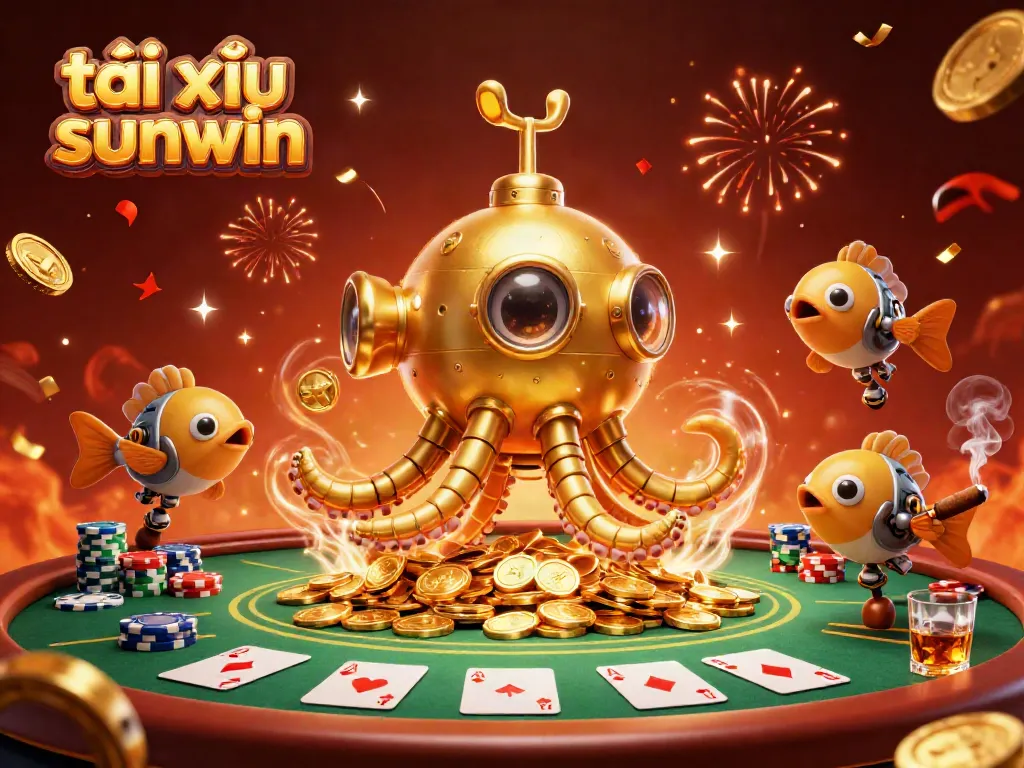 Experience the excitement of tài xỉu sunwin with a golden kraken submarine and animated casino elements.
