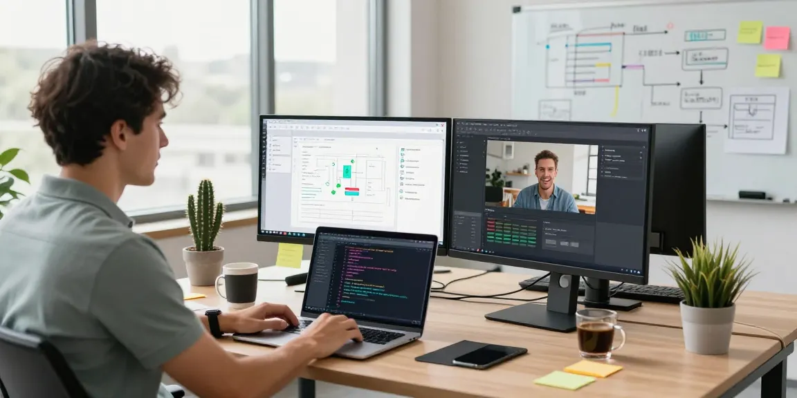 Build internal tools with AI in a modern workspace with a developer coding and collaboration tools.