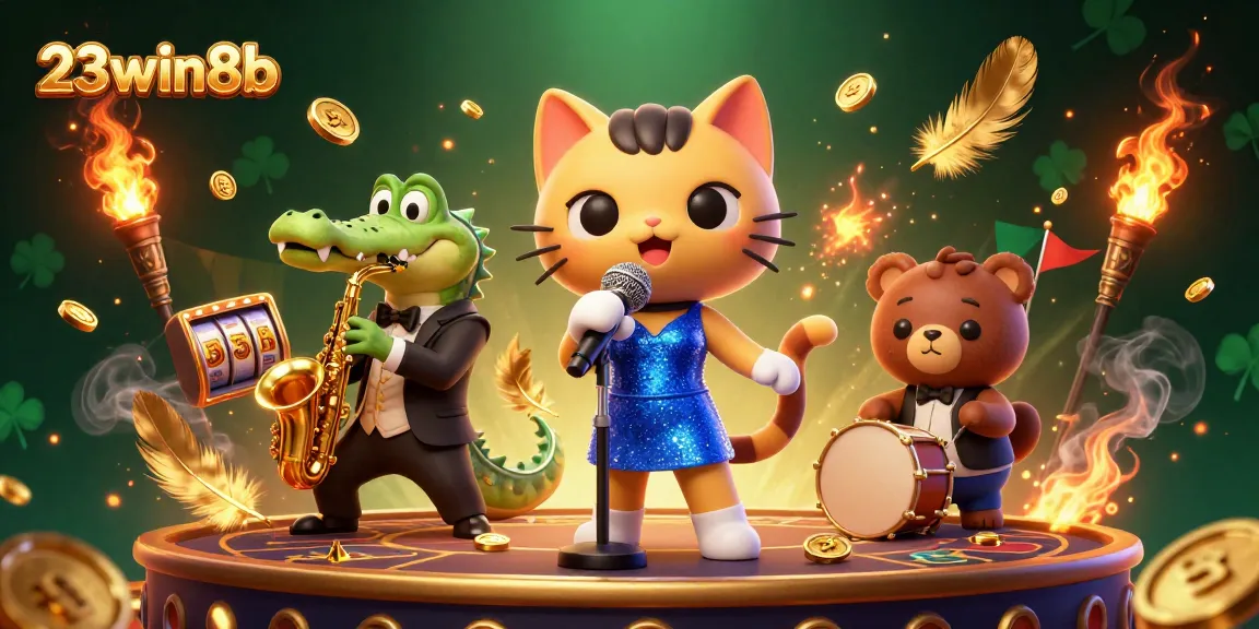 Engage with thrilling games at 23win8b, featuring a vibrant casino scene filled with characters and excitement.