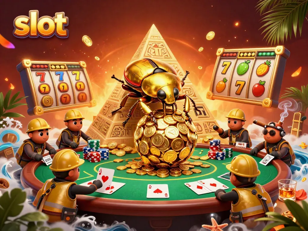 Slot machine scene featuring a golden beetle rolling coins with other characters in a vibrant casino setting.