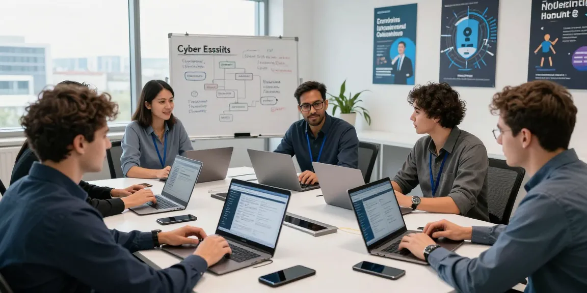 Collaborative cybersecurity team discussing cyber essentials requirements in a modern office.