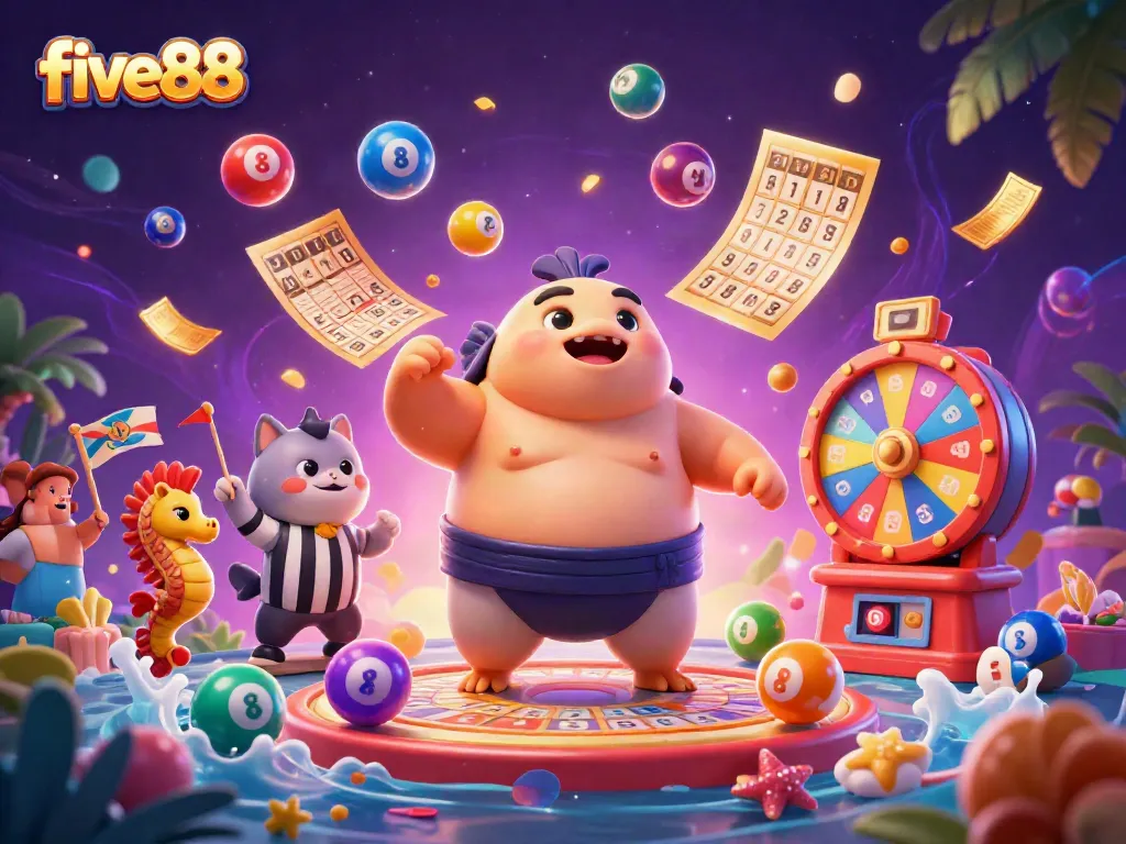 Engage with five88's exciting lottery atmosphere, featuring a dynamic underwater scene with a blowfish and gambling elements.