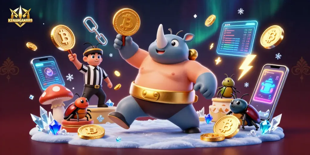 KENANGAN889 showcases an exciting casino battle featuring a powerful beetle champion with flying coins.