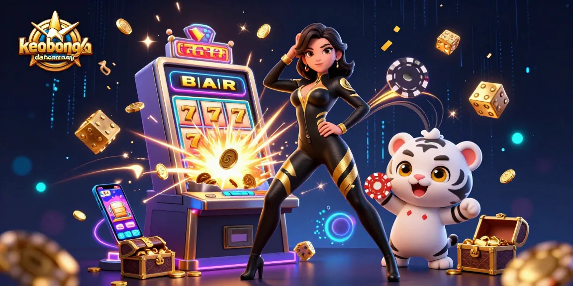 Experience the thrill of keobongdahomnay with a dynamic scene of gaming excitement featuring slot machines, coins, and action.
