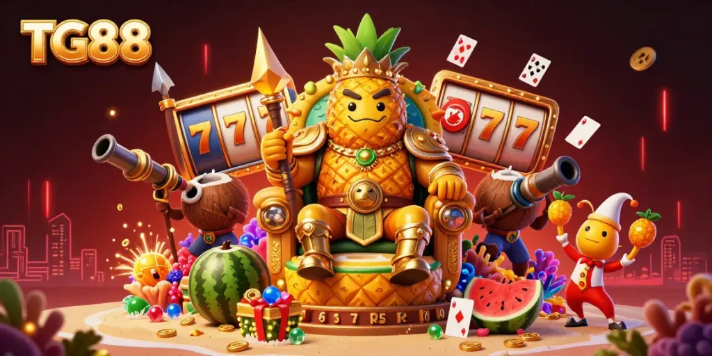 Experience thrilling gaming adventures with TG88, featuring a vibrant casino scene with a golden pineapple king and energy-filled elements.