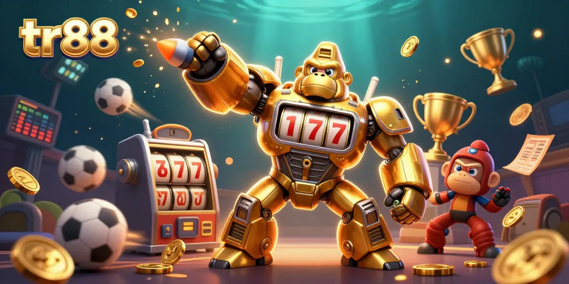 Experience the excitement of tr88 as a golden gorilla mech bursts with coins, showcasing thrilling gambling action.
