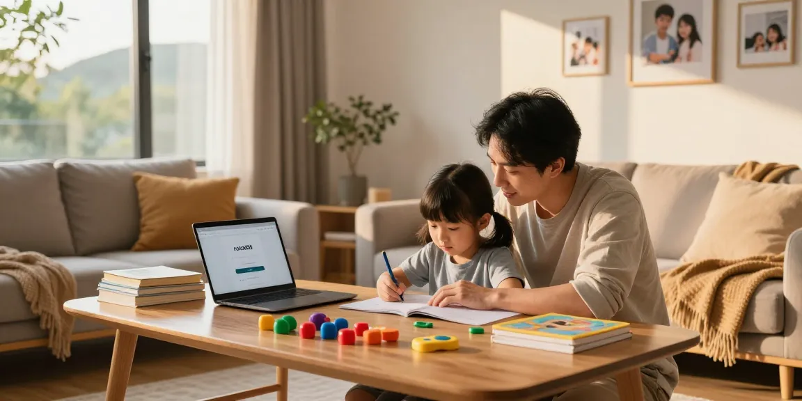 Parent helping child with homework at home, featuring rokok88 login on laptop, cozy and inviting atmosphere.
