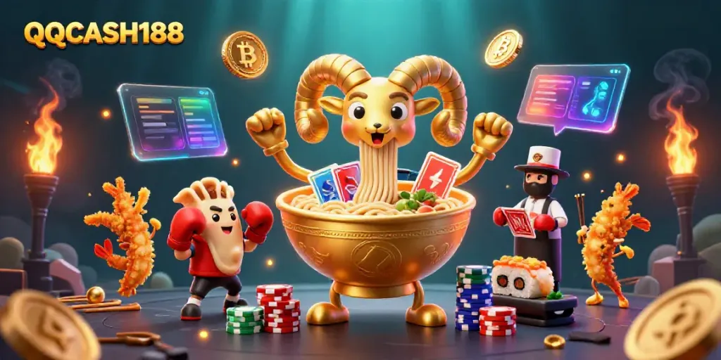 Experience the dynamic energy of QQCASH188 with a thrilling casino illustration featuring playful characters and crypto elements.