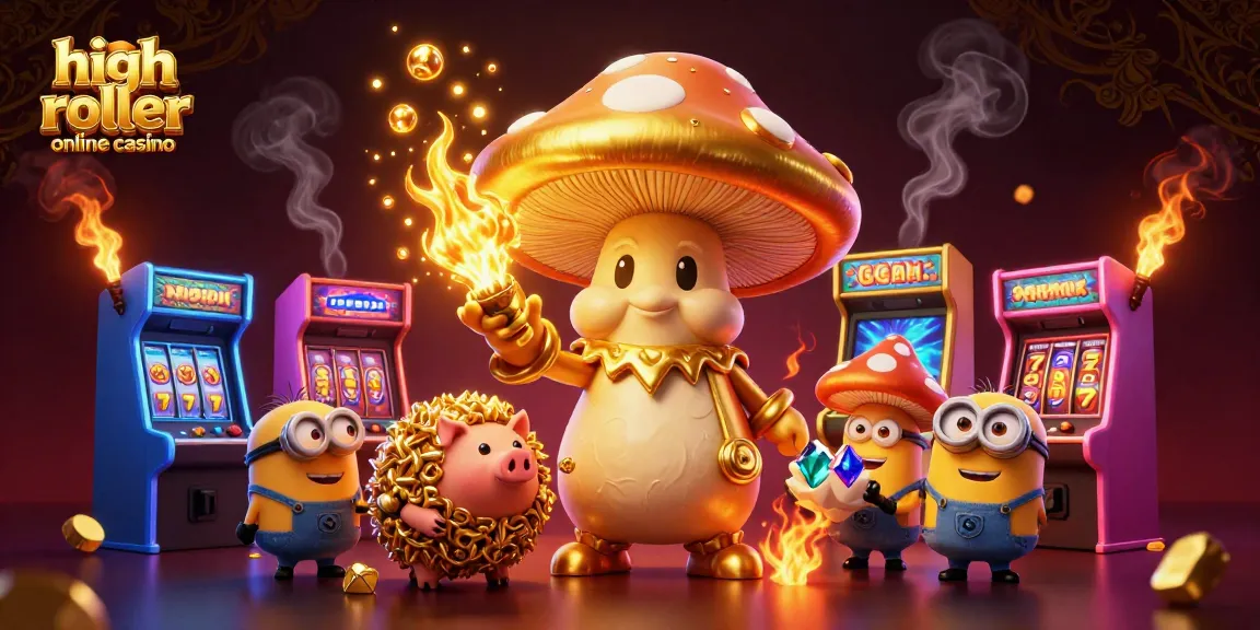 Winning at a high roller online casino with golden magic, vibrant game elements, and engaging characters.